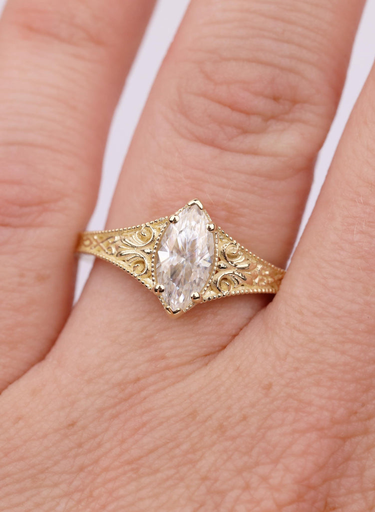 Vintage Art Deco Marquise Lab Diamond Engagement Ring, 14k Yellow Gold Filigree Ring, Milgrain Lab Grown Diamond Solitaire, Handmade Jewelry image #3