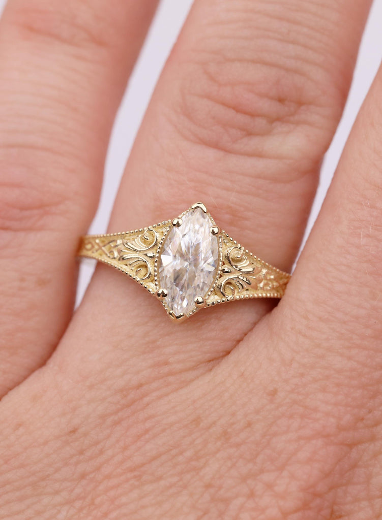 Art Deco Marquise Lab Diamond Engagement Ring, 14k Yellow Gold Filigree Milgrain Design, Vintage Bridal Jewelry image #6