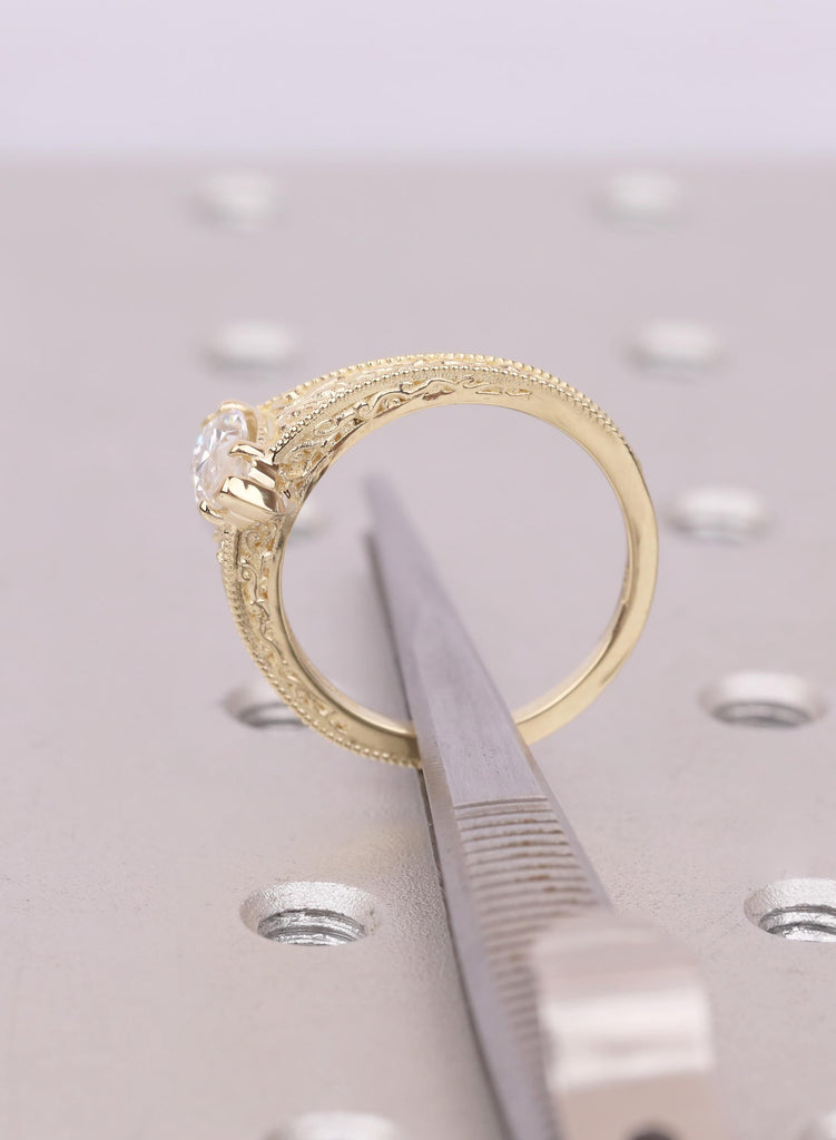 Vintage Art Deco Marquise Lab Diamond Engagement Ring, 14k Yellow Gold Filigree Ring, Milgrain Lab Grown Diamond Solitaire, Handmade Jewelry image #10