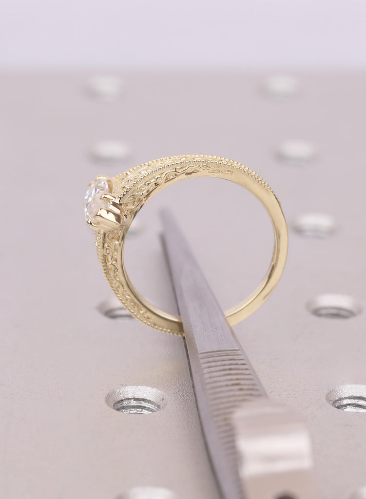 Art Deco Marquise Lab Diamond Engagement Ring, 14k Yellow Gold Filigree Milgrain Design, Vintage Bridal Jewelry image #11