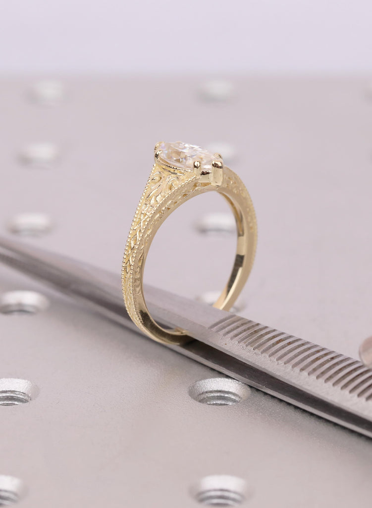 Vintage Art Deco Marquise Lab Diamond Engagement Ring, 14k Yellow Gold Filigree Ring, Milgrain Lab Grown Diamond Solitaire, Handmade Jewelry image #11
