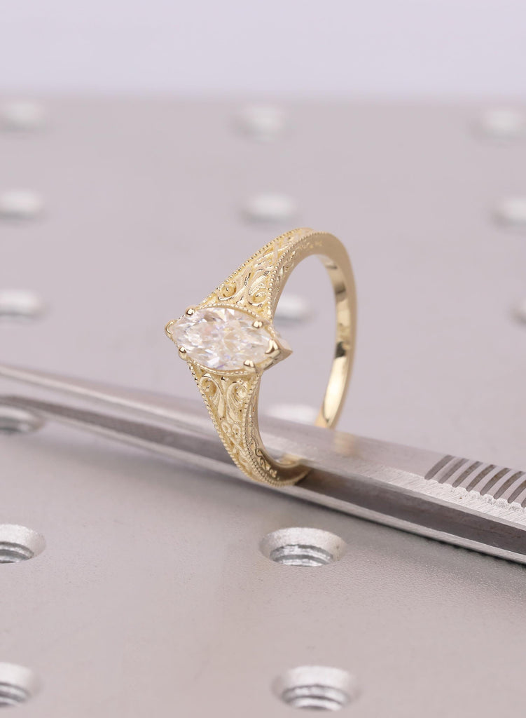 Vintage Art Deco Marquise Lab Diamond Engagement Ring, 14k Yellow Gold Filigree Ring, Milgrain Lab Grown Diamond Solitaire, Handmade Jewelry image #8
