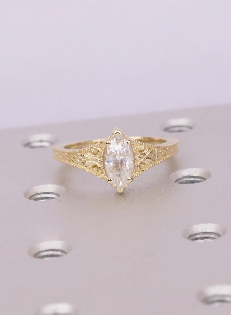 Vintage Art Deco Marquise Lab Diamond Engagement Ring, 14k Yellow Gold Filigree Ring, Milgrain Lab Grown Diamond Solitaire, Handmade Jewelry image #2