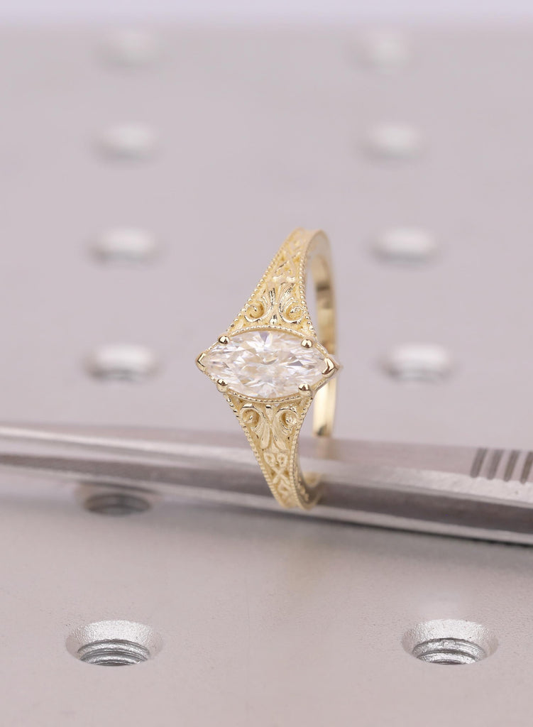 Art Deco Marquise Lab Diamond Engagement Ring, 14k Yellow Gold Filigree Milgrain Design, Vintage Bridal Jewelry image #4