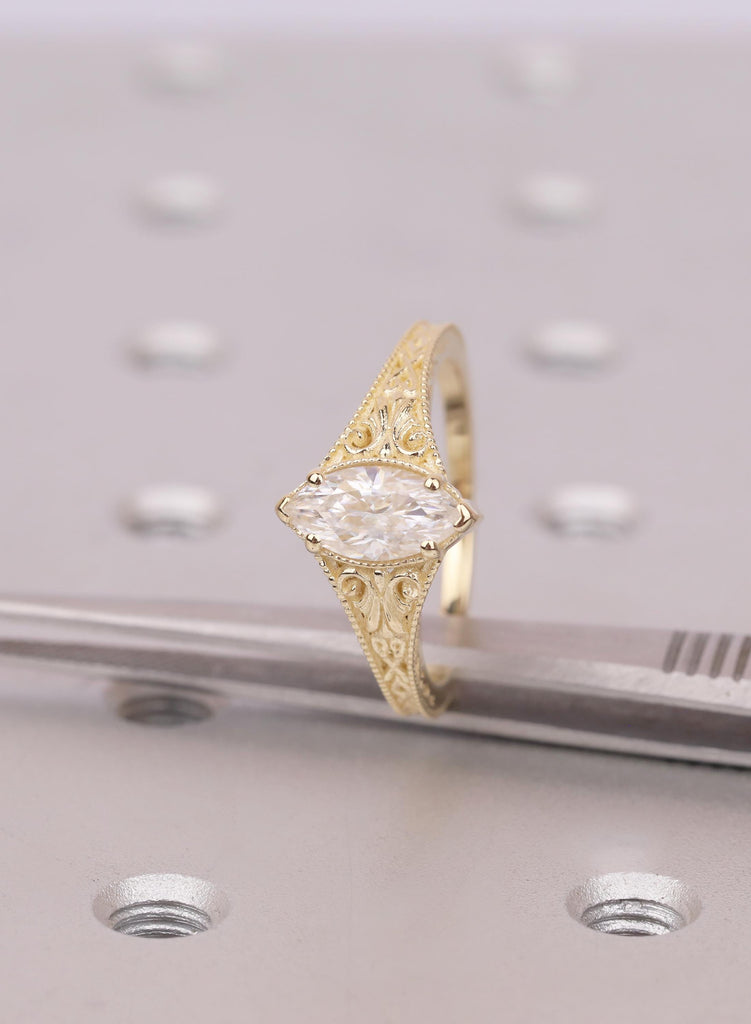 Vintage Art Deco Marquise Lab Diamond Engagement Ring, 14k Yellow Gold Filigree Ring, Milgrain Lab Grown Diamond Solitaire, Handmade Jewelry image #1
