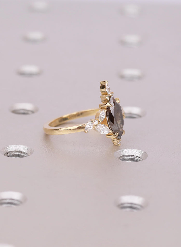 Natural Salt and Pepper Diamond Ring | Marquise Cut 18K Yellow Gold Diamond Cluster Ring | Vintage Jewelry Wedding Gift image #4