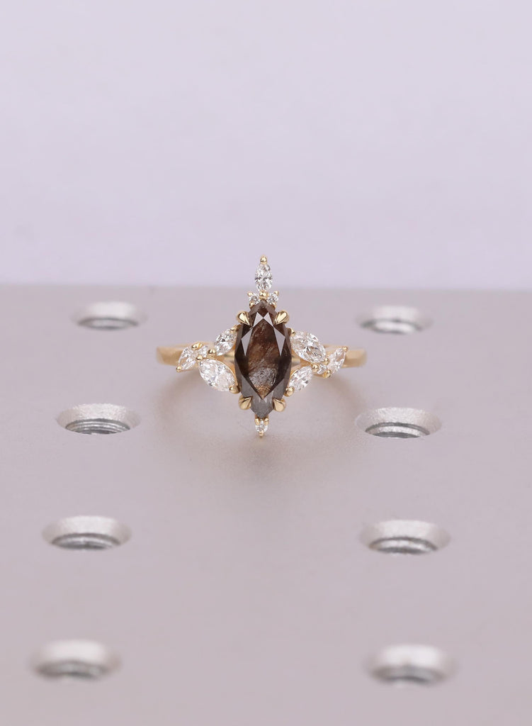 Natural Salt and Pepper Diamond Ring | Marquise Cut 18K Yellow Gold Diamond Cluster Ring | Vintage Jewelry Wedding Gift image #8