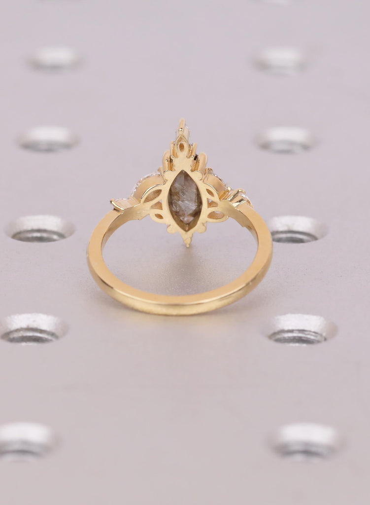 Marquise Salt and Pepper Diamond Ring, 18K Gold Cluster Engagement Ring, Natural Black Diamond Wedding Ring,  Marquise Anniversary Ring Gift image #4
