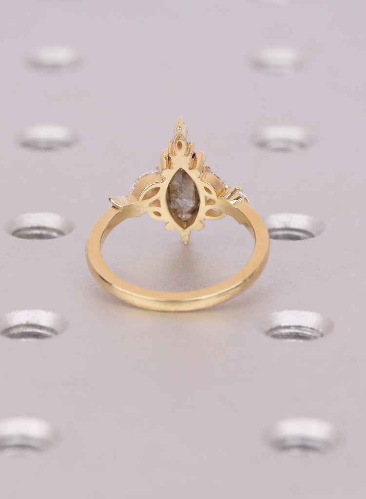 Natural Salt and Pepper Diamond Ring | Marquise Cut 18K Yellow Gold Diamond Cluster Ring | Vintage Jewelry Wedding Gift image #5