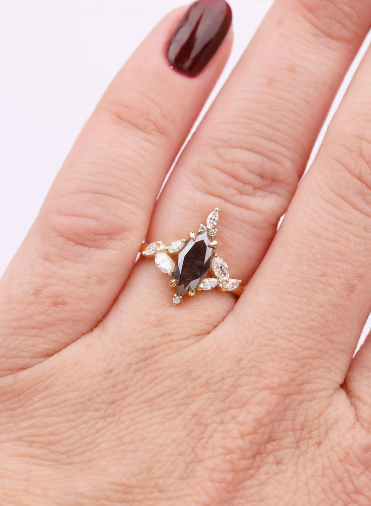 Marquise Salt and Pepper Diamond Ring, 18K Gold Cluster Engagement Ring, Natural Black Diamond Wedding Ring,  Marquise Anniversary Ring Gift image #2