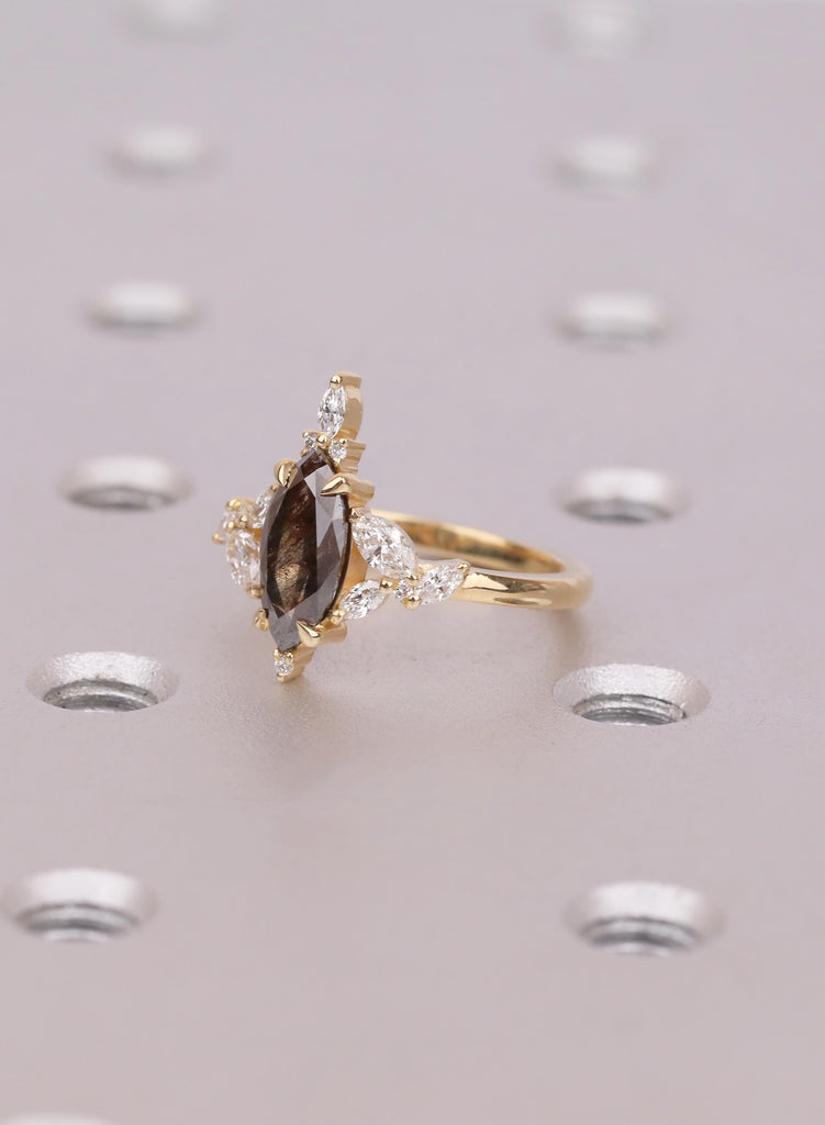 Marquise Salt and Pepper Diamond Ring, 18K Gold Cluster Engagement Ring, Natural Black Diamond Wedding Ring,  Marquise Anniversary Ring Gift image #6