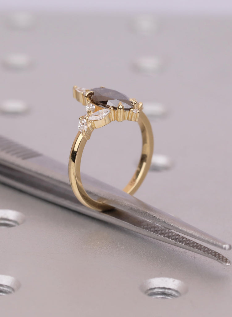 Natural Salt and Pepper Diamond Ring | Marquise Cut 18K Yellow Gold Diamond Cluster Ring | Vintage Jewelry Wedding Gift image #11