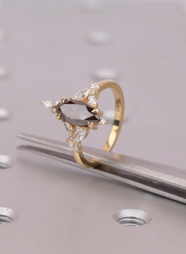 Marquise Salt and Pepper Diamond Ring, 18K Gold Cluster Engagement Ring, Natural Black Diamond Wedding Ring,  Marquise Anniversary Ring Gift image #7