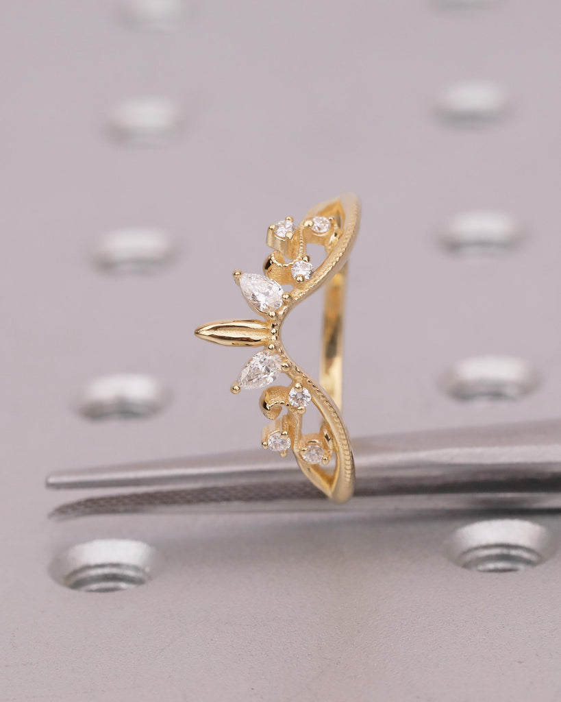 Marquise Cut Moissanite Wedding Ring Set, 18k Yellow Gold Natural Diamond Cluster Ring, Vintage Nature Inspired Statement Rings for Women image #17
