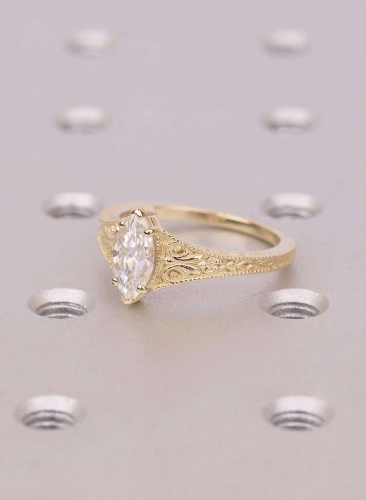 Art Deco Marquise Lab Diamond Engagement Ring, 14k Yellow Gold Filigree Milgrain Design, Vintage Bridal Jewelry image #3