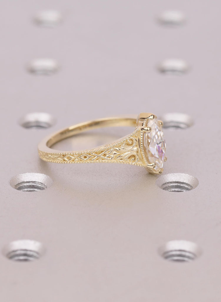 Art Deco Marquise Lab Diamond Engagement Ring, 14k Yellow Gold Filigree Milgrain Design, Vintage Bridal Jewelry image #2