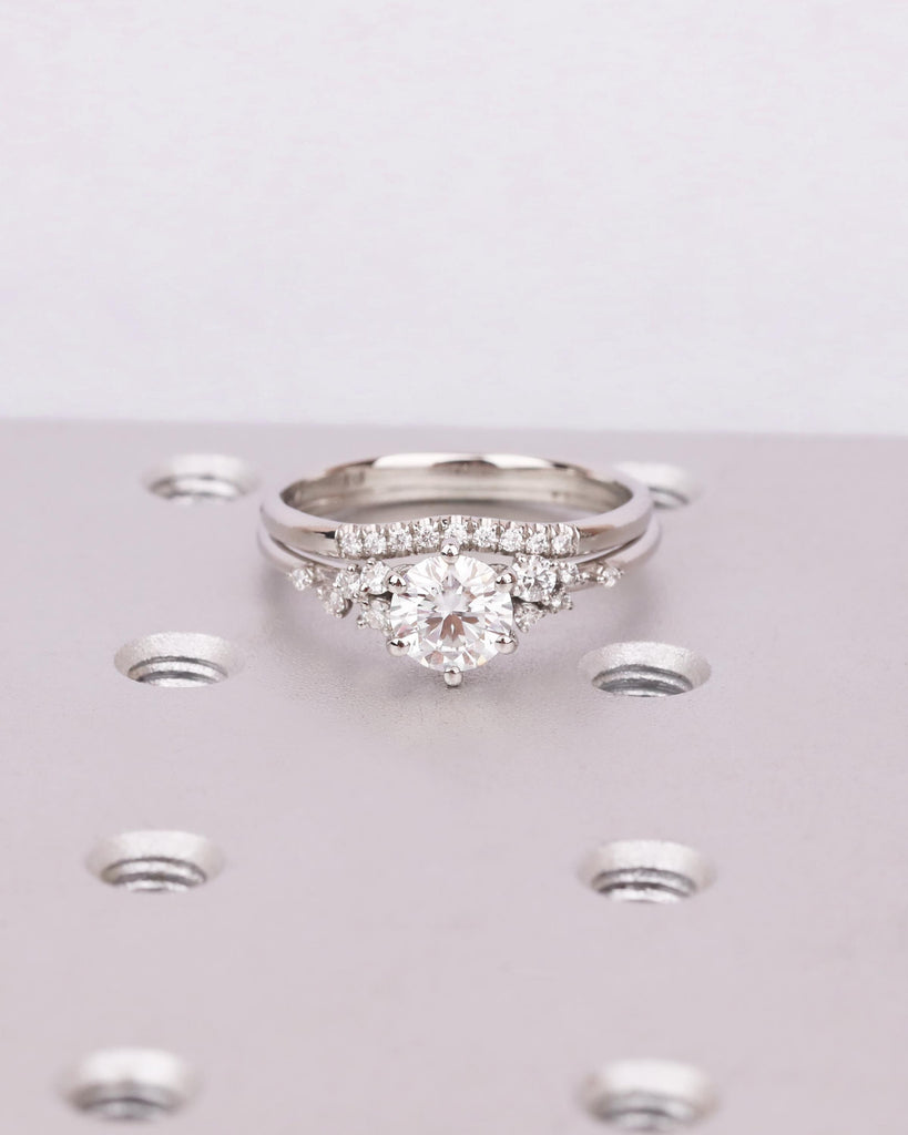 2Pcs Round Moissanite Engagement Ring Set | Unique Snowdrift Cluster Ring | Curved Moissanite Wedding Band | 14K, 18K Solid Gold or Platinum image #1