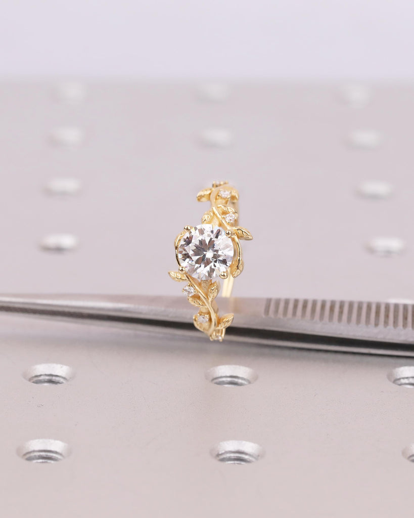 18k Solid Gold Moissanite Engagement Ring, Vintage Wedding Anniversary Ring, Round Diamond Accents, Nature Jewelry, Promise Rings for Women image #4
