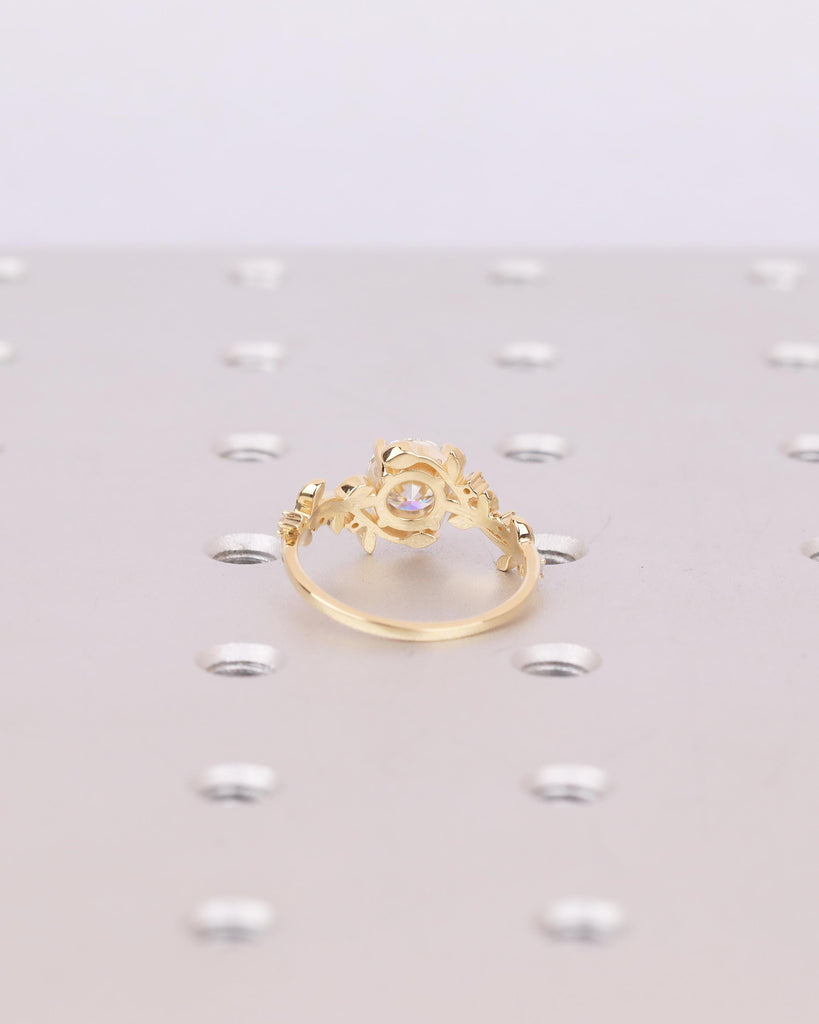 Round Lab Grown Diamond Wedding Ring, Vintage Style 18k Yellow Gold Engagement Ring, Art Deco Floral Rings for Her, Nature Inspired Jewelry image #6