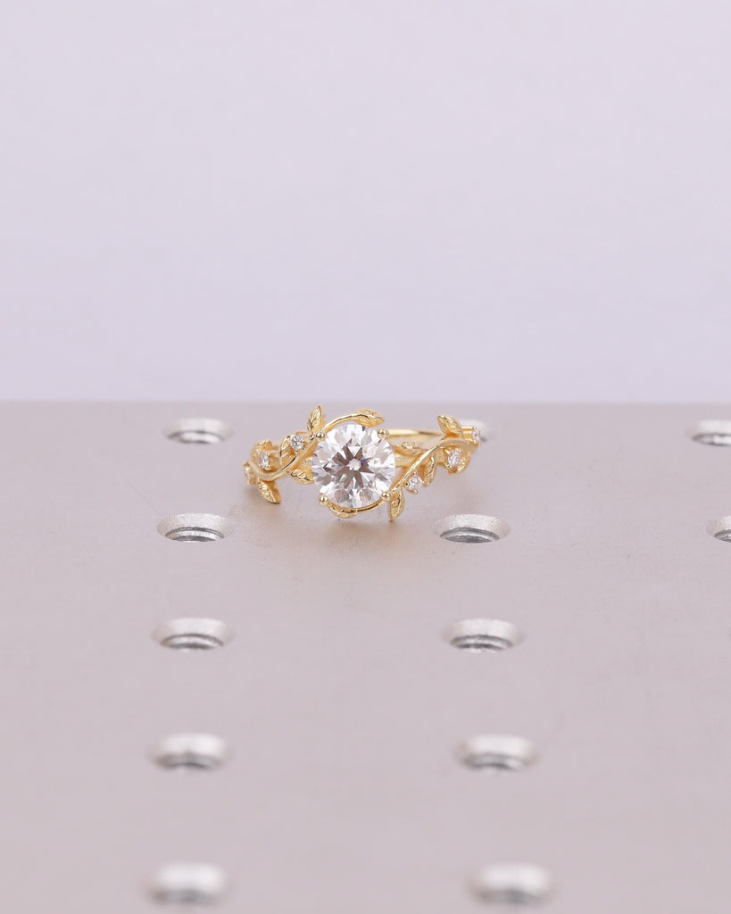 Round Lab Grown Diamond Wedding Ring, Vintage Style 18k Yellow Gold Engagement Ring, Art Deco Floral Rings for Her, Nature Inspired Jewelry image #3