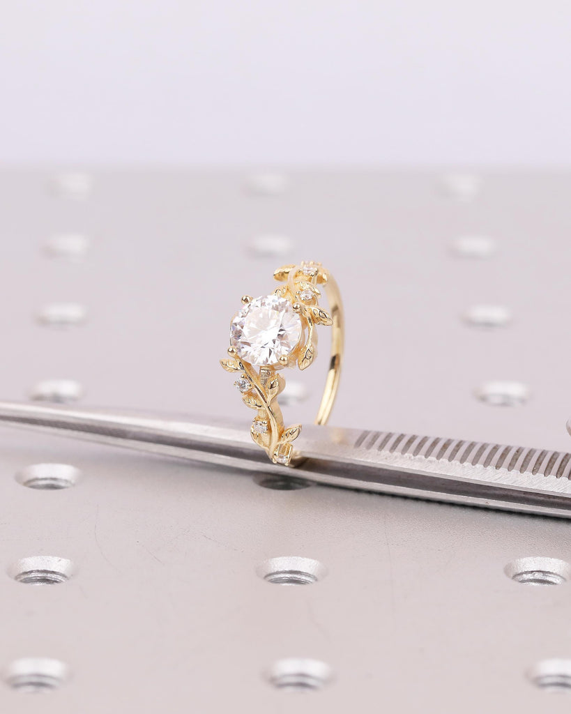 Round Lab Grown Diamond Wedding Ring, Vintage Style 18k Yellow Gold Engagement Ring, Art Deco Floral Rings for Her, Nature Inspired Jewelry image #16