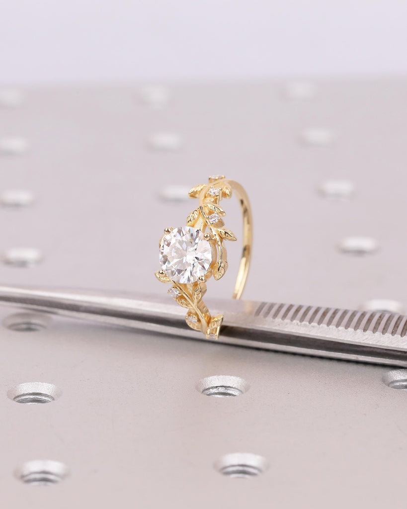 Round Lab Grown Diamond Wedding Ring, Vintage Style 18k Yellow Gold Engagement Ring, Art Deco Floral Rings for Her, Nature Inspired Jewelry image #20