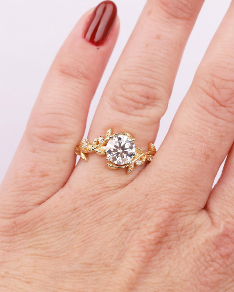 Round Lab Grown Diamond Wedding Ring, Vintage Style 18k Yellow Gold Engagement Ring, Art Deco Floral Rings for Her, Nature Inspired Jewelry image #17