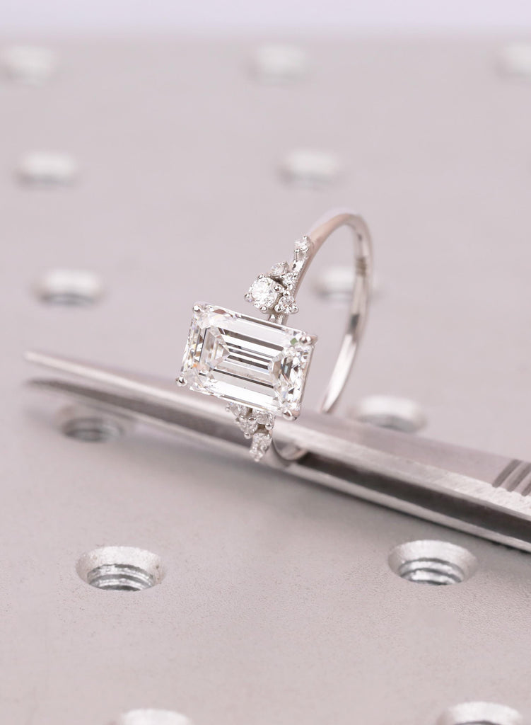 VVS Emerald Cut Moissanite Ring with Snowdrift Diamond Cluster Round Stone Accents image #8