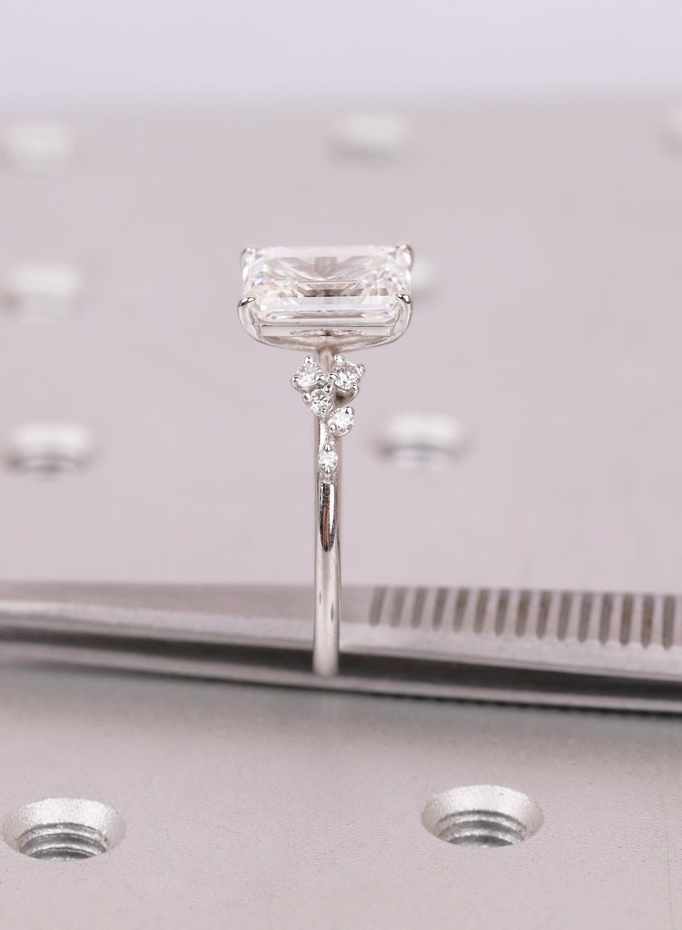 VVS Emerald Cut Moissanite Ring with Snowdrift Diamond Cluster Round Stone Accents image #14