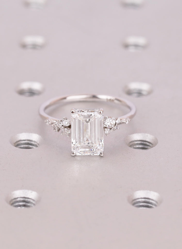 Emerald Cut Lab Diamond Engagement Ring with Round Diamond Cluster Side Stones, Unique Proposal or Anniversary Ring for Her image #3