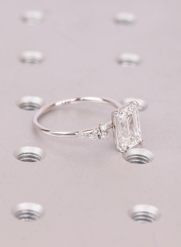 Emerald Cut Lab Grown Diamond Ring with Round Diamond Cluster 14K White Gold Band image #4