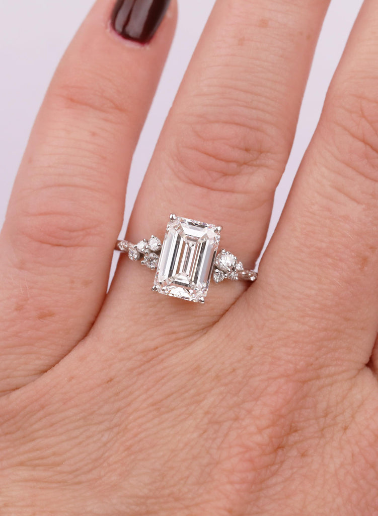 Emerald Cut Lab Diamond Engagement Ring with Round Diamond Cluster Side Stones, Unique Proposal or Anniversary Ring for Her image #2
