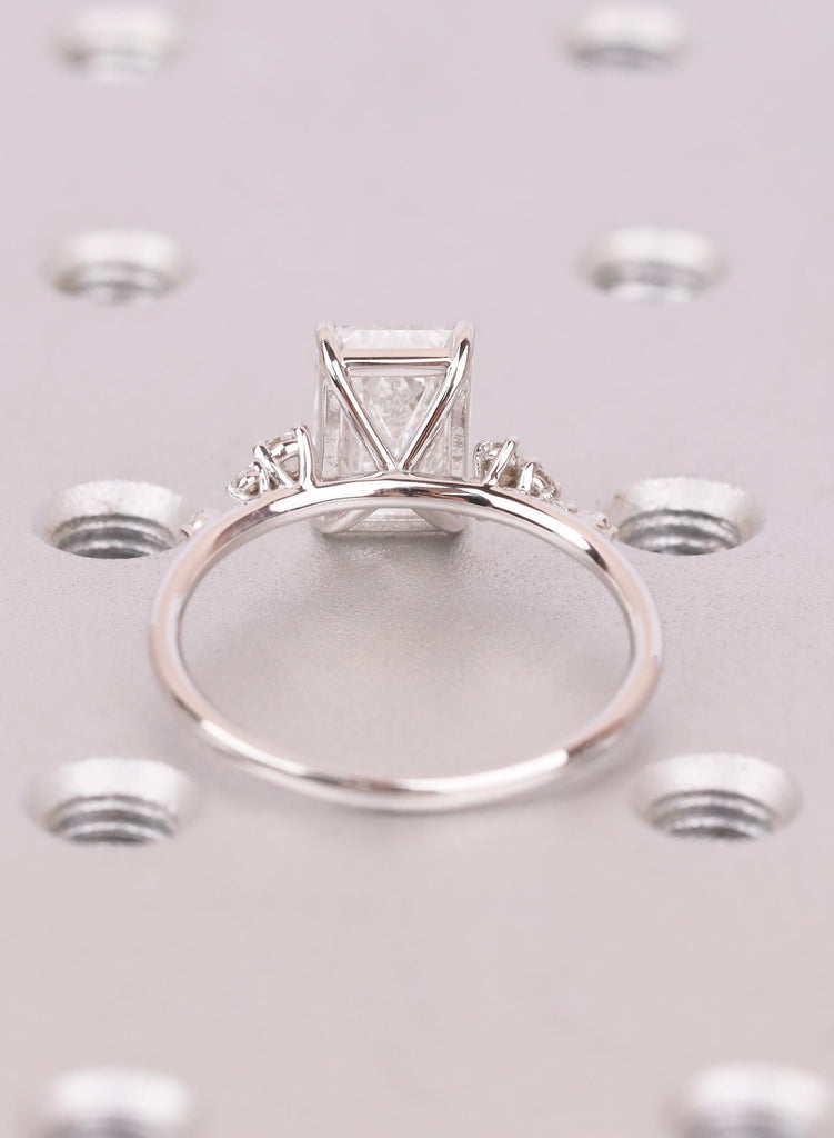 Emerald Cut Lab Grown Diamond Ring with Round Diamond Cluster 14K White Gold Band image #6