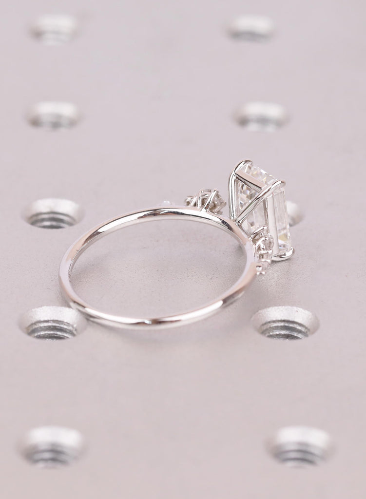 Emerald Cut Lab Diamond Engagement Ring with Round Diamond Cluster Side Stones, Unique Proposal or Anniversary Ring for Her image #5