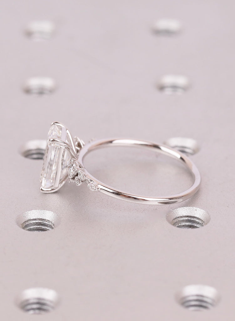 Emerald Cut Lab Diamond Engagement Ring with Round Diamond Cluster Side Stones, Unique Proposal or Anniversary Ring for Her image #7