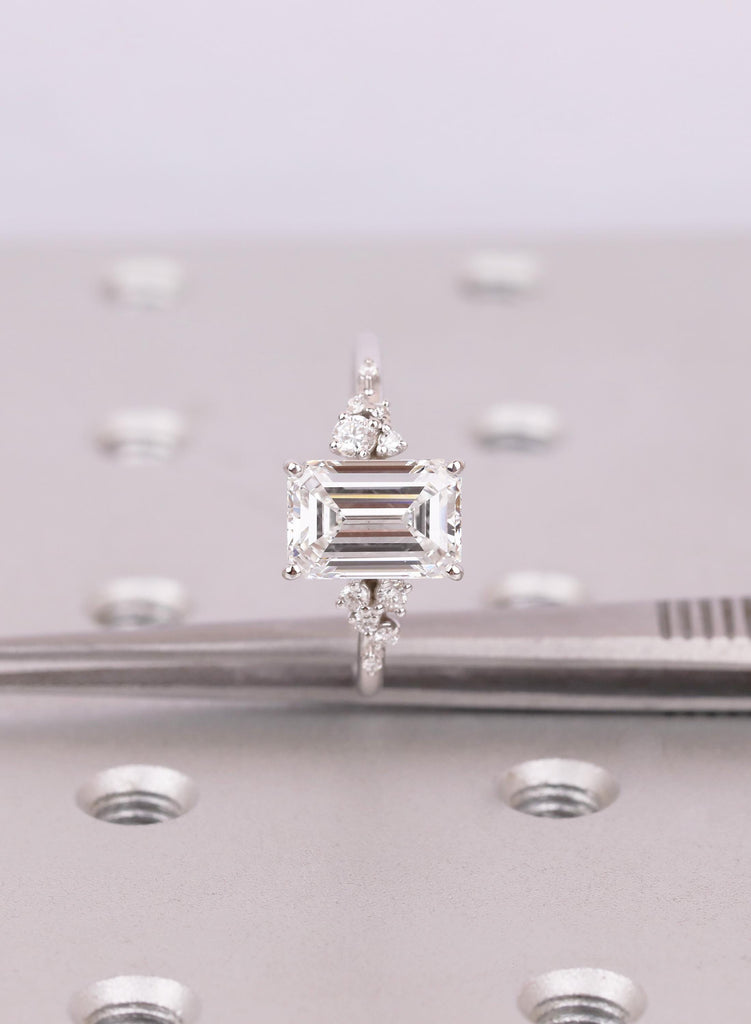 Emerald Cut Lab Grown Diamond Ring with Round Diamond Cluster 14K White Gold Band image #12