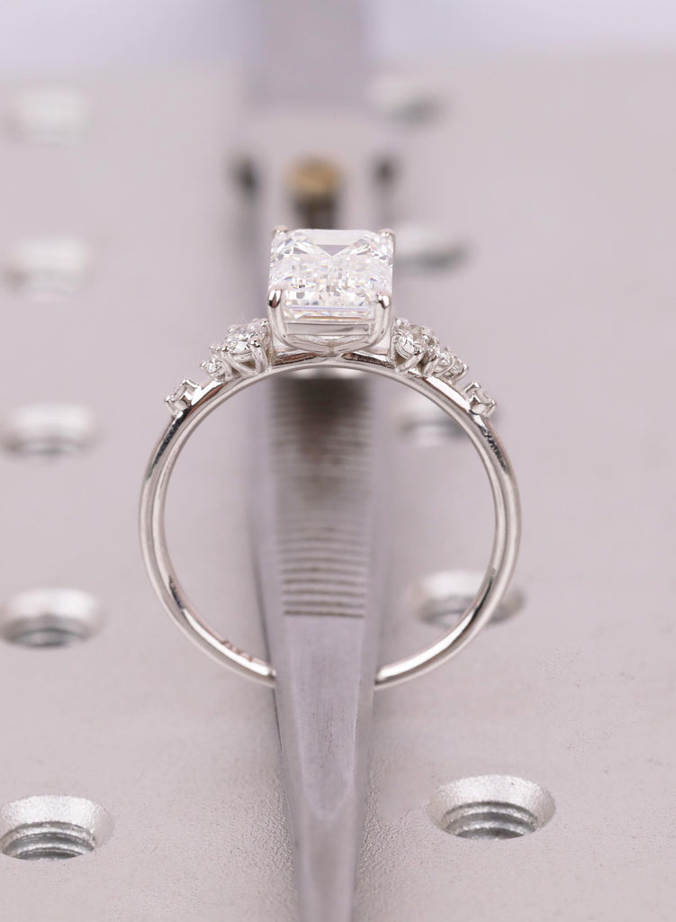 Emerald Cut Lab Grown Diamond Ring with Round Diamond Cluster 14K White Gold Band image #14