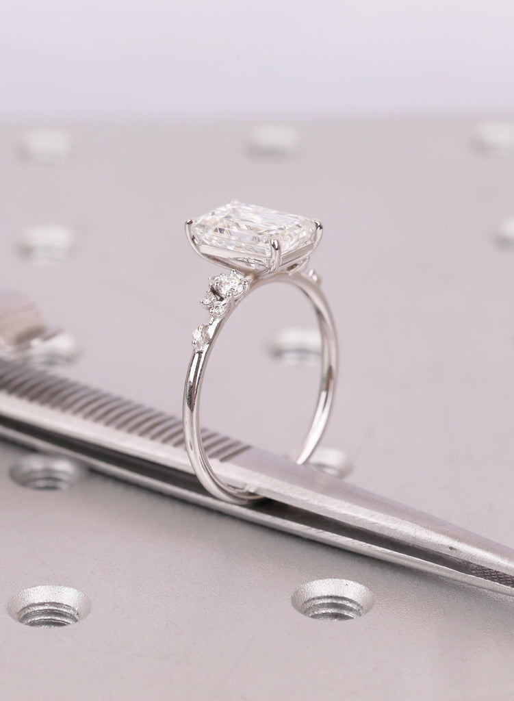 Emerald Cut Lab Diamond Engagement Ring with Round Diamond Cluster Side Stones, Unique Proposal or Anniversary Ring for Her image #14