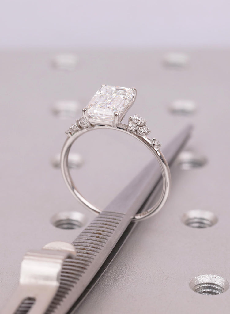 Emerald Cut Lab Grown Diamond Ring with Round Diamond Cluster 14K White Gold Band image #17