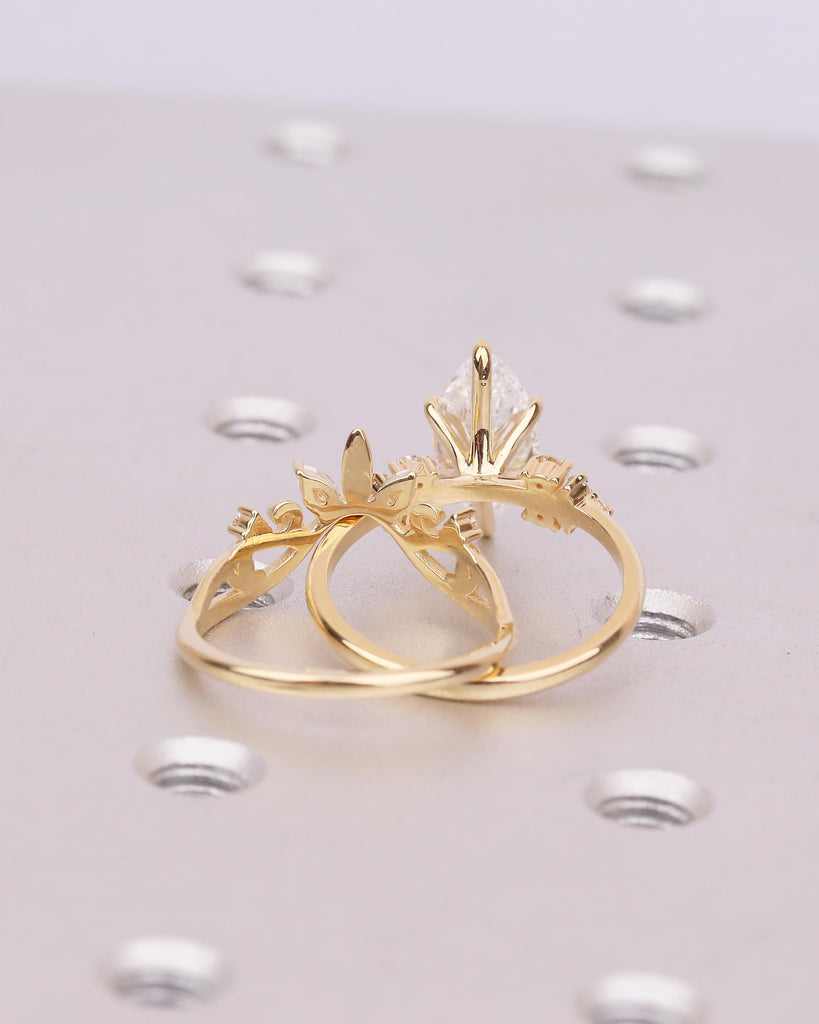 Nature Inspired Marquise Cut Moissanite Ring, 18k Solid Gold Vintage Engagement Ring, Bridal Ring Set, Round, Pear Lab Grown Diamond Accents image #13