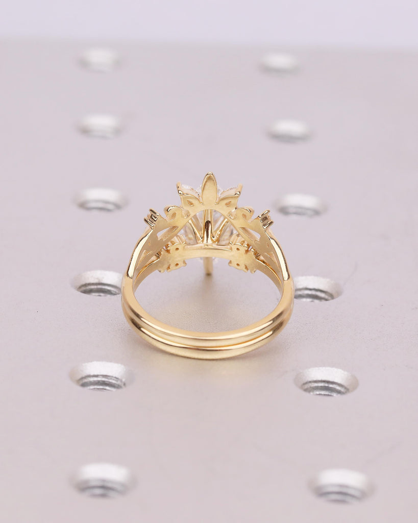 Marquise Cut Moissanite Wedding Ring Set, 18k Yellow Gold Natural Diamond Cluster Ring, Vintage Nature Inspired Statement Rings for Women image #6