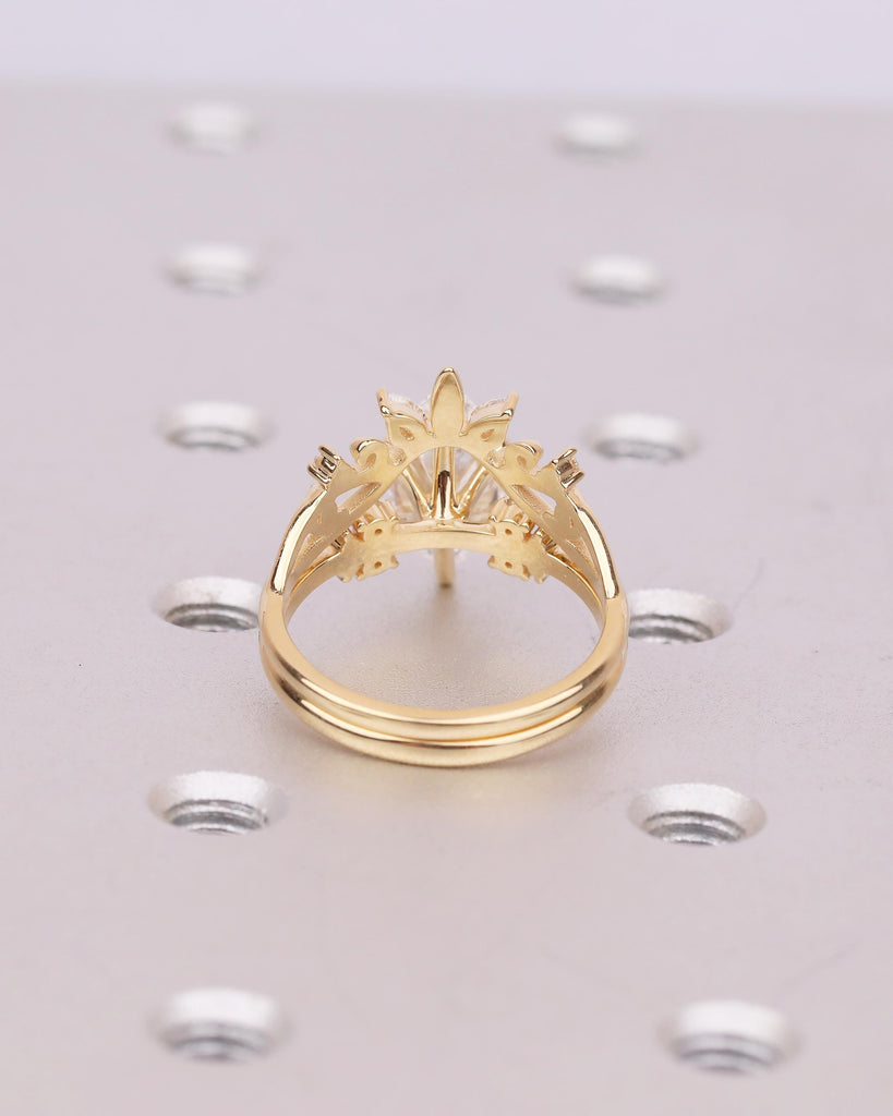 Art Deco Moissanite Marquise Ring, 18k Solid Gold Engagement Ring, Bridal Jewelry Set image #6
