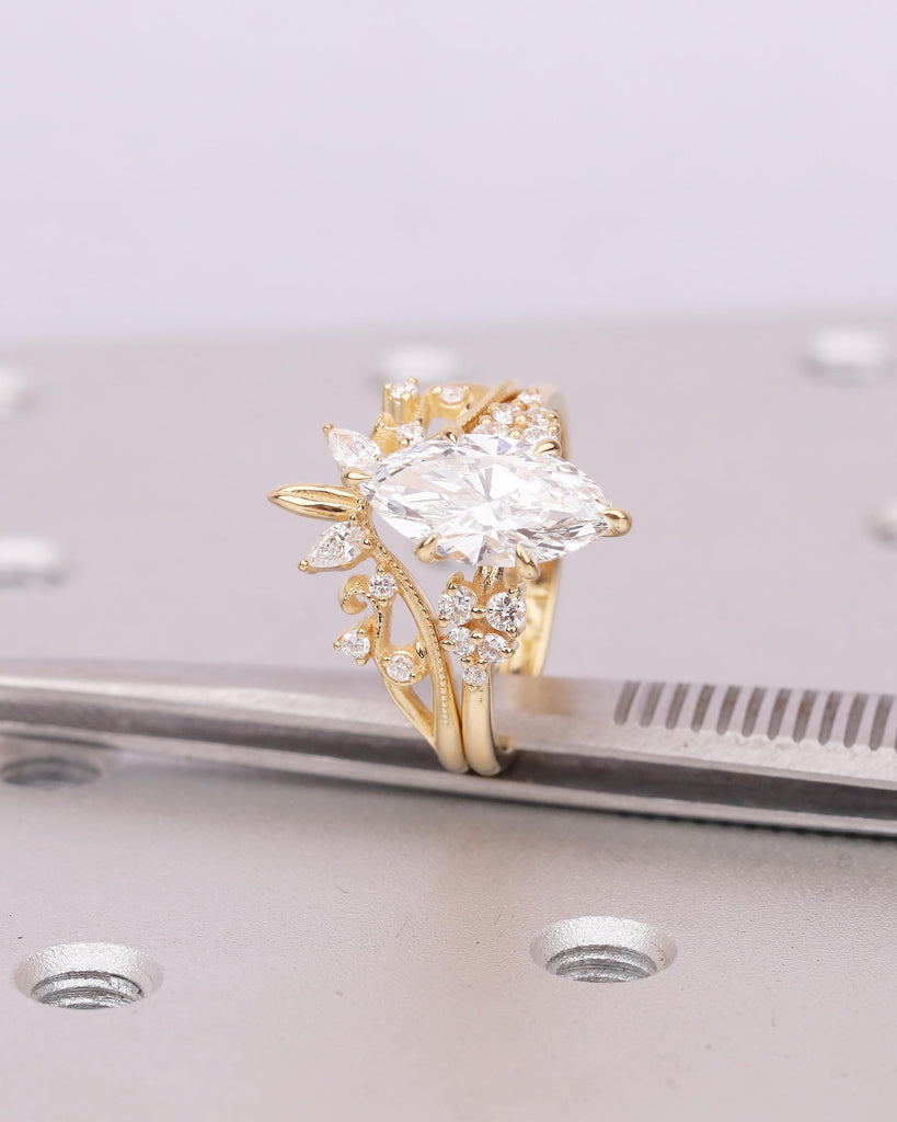 18k Yellow Gold Engagement Ring Set, Marquise Cut Moissanite Cluster Ring, Anniversary Jewelry image #13