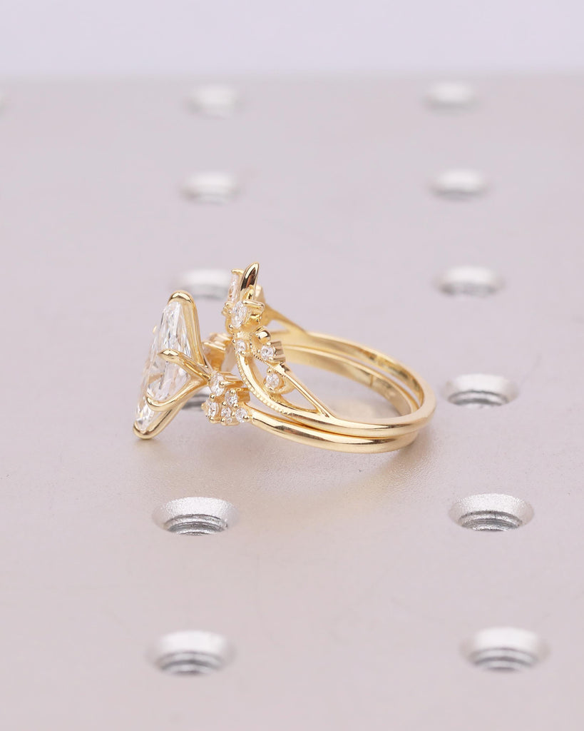18k Yellow Gold Engagement Ring Set, Marquise Cut Moissanite Cluster Ring, Anniversary Jewelry image #14