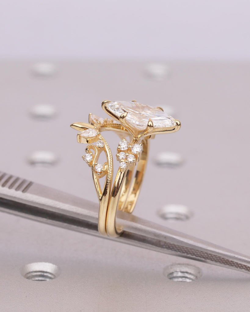 Marquise Cut Moissanite Wedding Ring Set, 18k Yellow Gold Natural Diamond Cluster Ring, Vintage Nature Inspired Statement Rings for Women image #5
