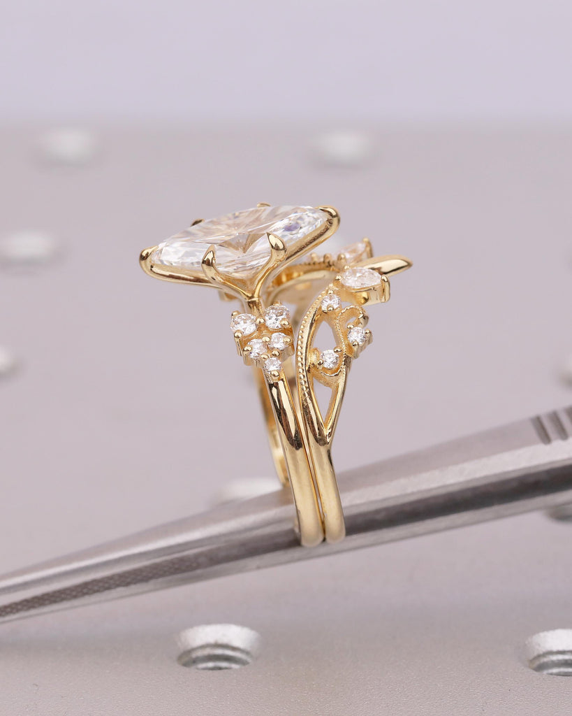 Nature Inspired Marquise Cut Moissanite Ring, 18k Solid Gold Vintage Engagement Ring, Bridal Ring Set, Round, Pear Lab Grown Diamond Accents image #10
