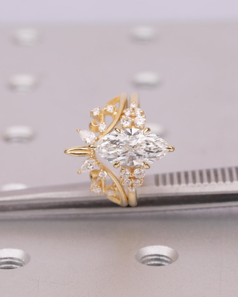 Marquise Cut Moissanite Wedding Ring Set, 18k Yellow Gold Natural Diamond Cluster Ring, Vintage Nature Inspired Statement Rings for Women image #12