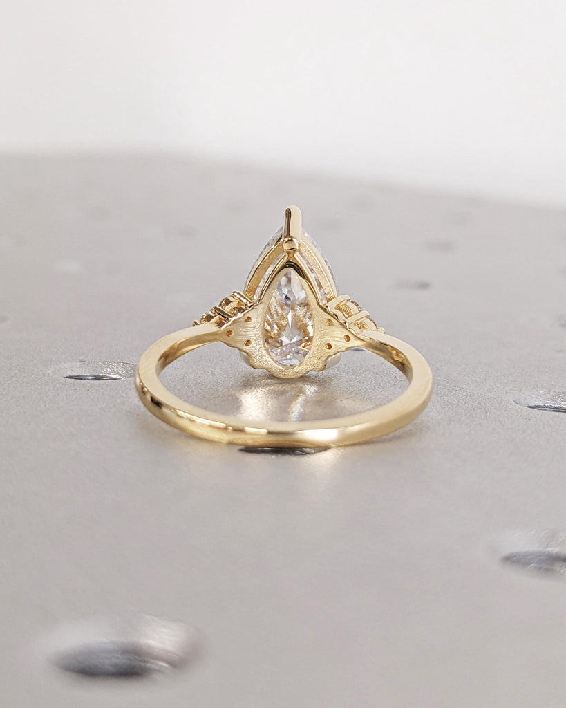 Pear Shaped Moissanite Engagement Ring, 18k Yellow Gold Cluster Ring, 1.6mm Dainty Band, Unique Women's Wedding Ring, Promise Ring for Her image #5