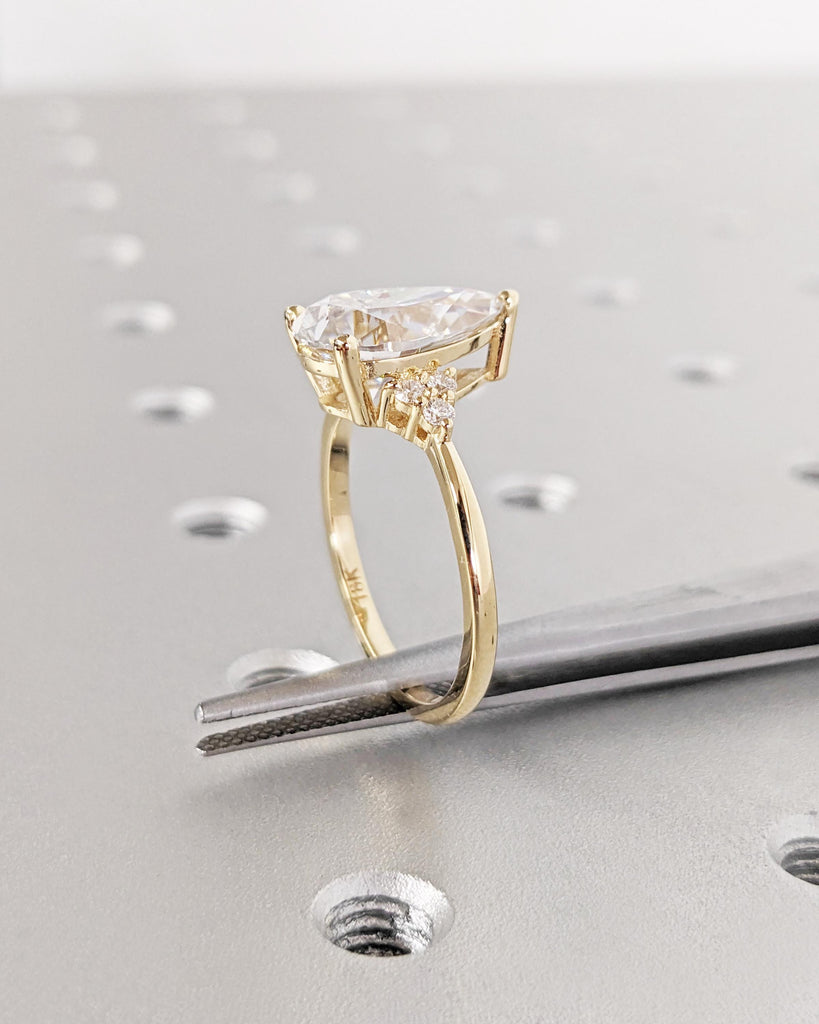 Pear Shaped Moissanite Engagement Ring, 18k Yellow Gold Cluster Ring, 1.6mm Dainty Band, Unique Women's Wedding Ring, Promise Ring for Her image #9