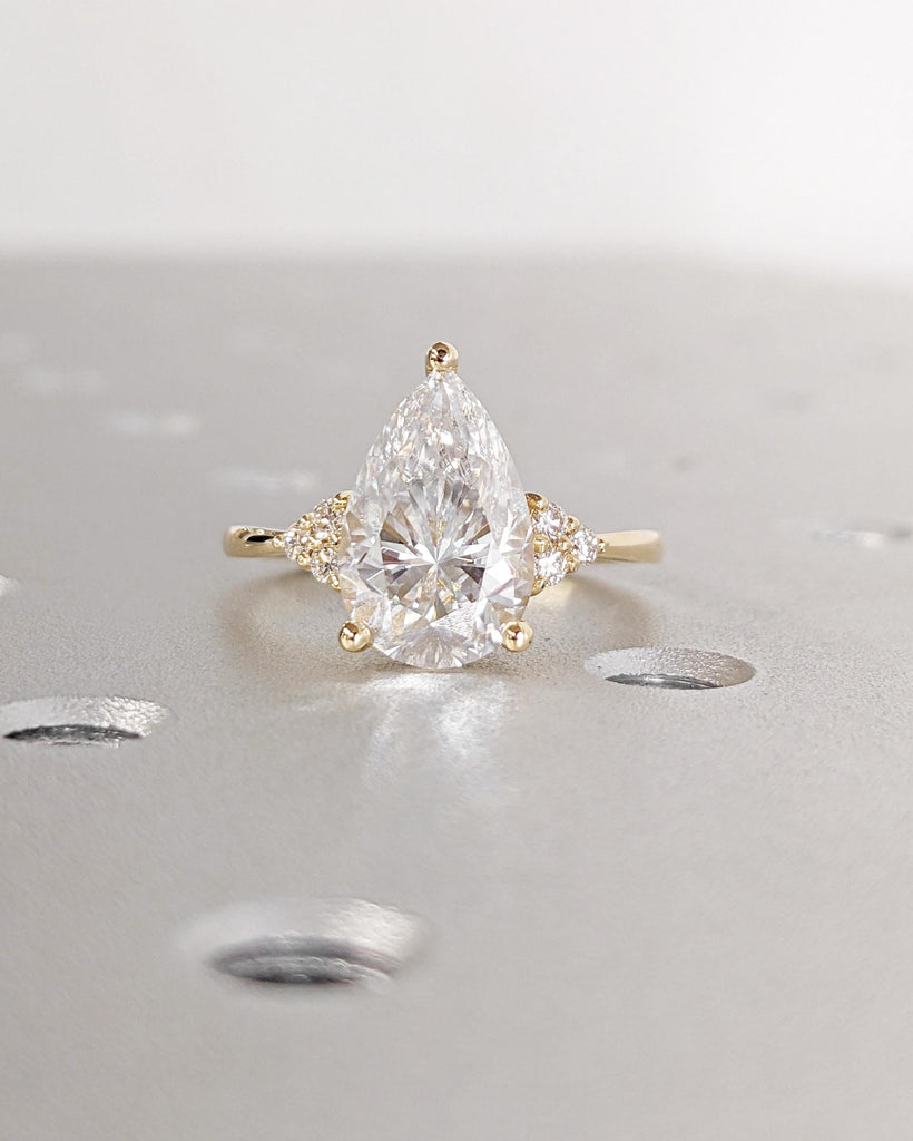 Pear Shaped Moissanite Engagement Ring, 18k Yellow Gold Cluster Ring, 1.6mm Dainty Band, Unique Women's Wedding Ring, Promise Ring for Her image #3